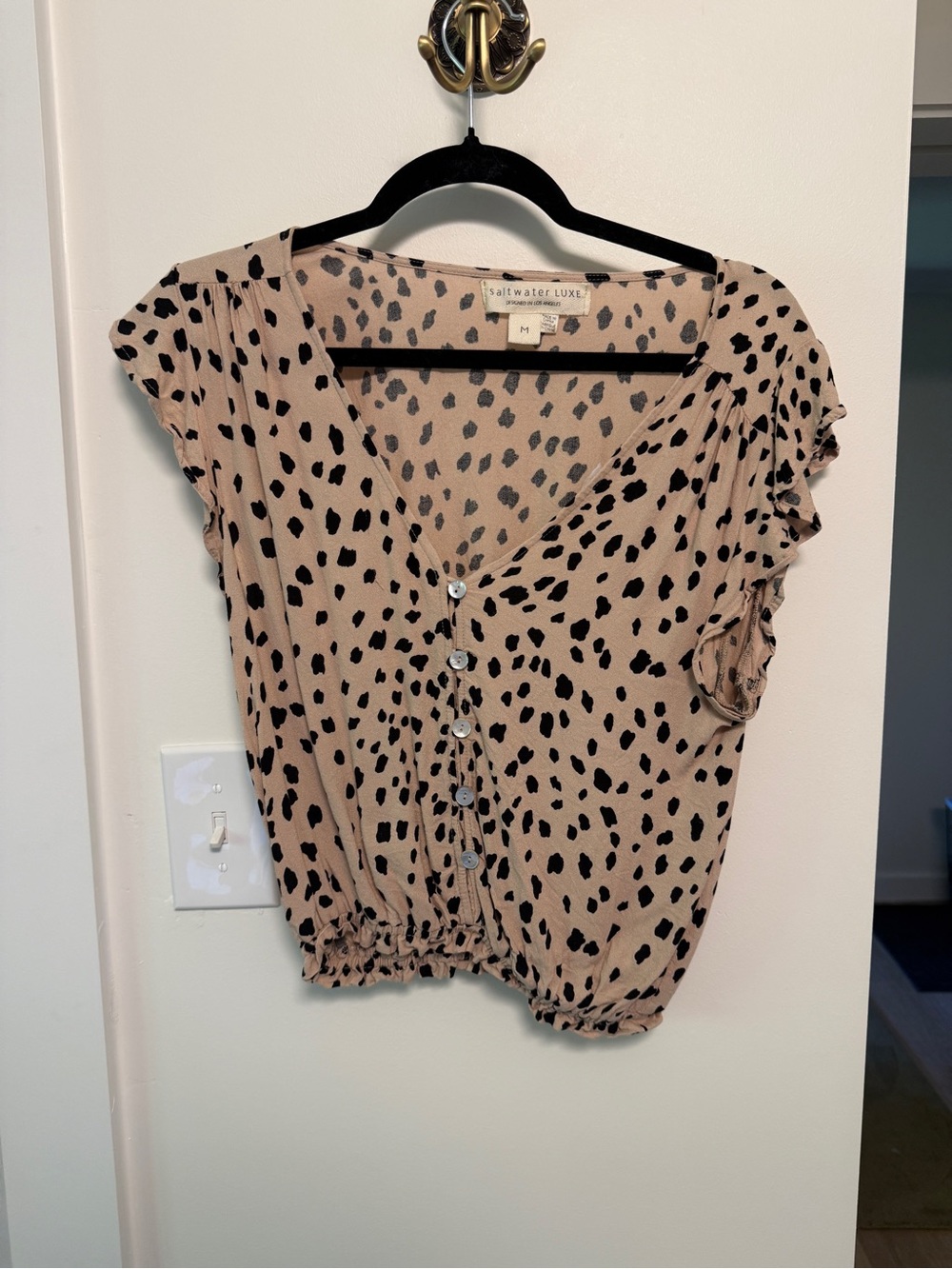 saltwater LUXE Beige Top with Black Spot Print and Buttons